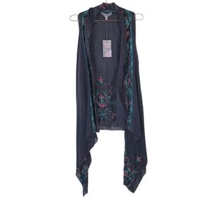 PRETTY ANGEL Linen Blend Embroidered Sleeveless Open Asymmetric Cardigan OS